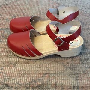 Red Leather Clogs Sandals Size 38 with Ankle Strap